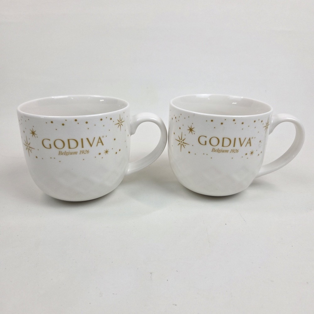 Two Godiva Belgium 1926 Coffee Cup Mug Large White w/ Gold Letters Pair